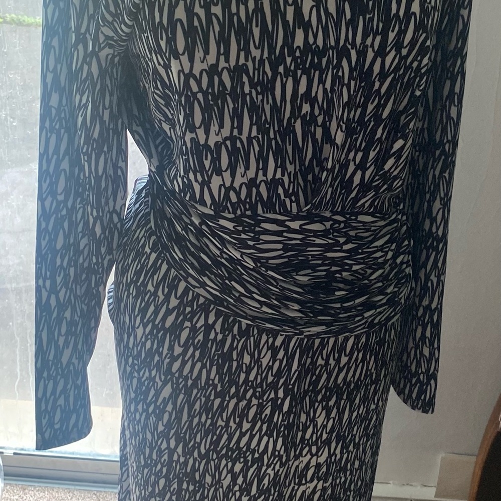 Eloquii Black and White Scribble-Print Long Sleeve Draped Dress